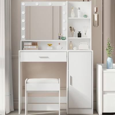 Vanity Desk with Mirror and Light, Large Drawer Three Level Storage Dresser, Bedroom Dressing Table
