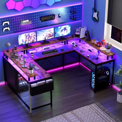 U Shaped Computer Desk with Power Outlets & LED Lights, Reversible Corner Gaming Desk, Office Desk with Full Monitor Stand, Modern Home Workstation