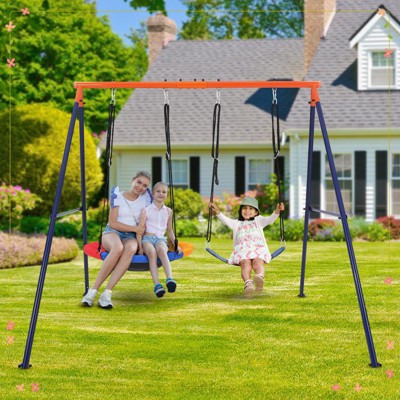 Outdoor Swing Set, 440lbs Saucer Swing Set with Heavy-Duty Metal A-Frame and Adjustable Ropes
