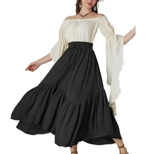 Maxi Skirts for Women High Waist Vintage Skirt Tiered Long Skirt with Pockets Flowy High Low Hemline Skirts - 1 of 4
