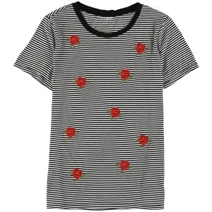 Carbon Copy Womens Embroidered Cactus Striped Embellished T-Shirt, Grey, Large - 1 of 1