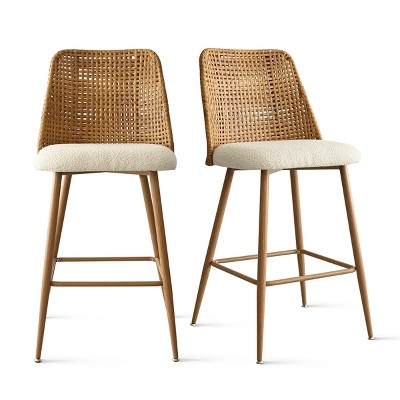 Oak and Rattan Upholstered Counter Stools, Set of 2