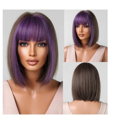 Jessie's Wig 10 Inch Short Bob Wig With Bangs Synthetic Hair Purple Highlight 1 Pc/Pack