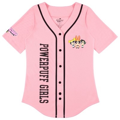 Ladies Powerpuff Girls Baseball Jersey - Powerpuff Mesh Button Down Baseball Jersey - Blossom Bubble and Buttercup Shirt