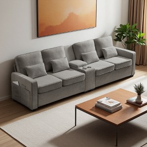 114" Upholstered 4-Seater Sectional Sofa with Console & 2 Cup Holders - 1 of 4