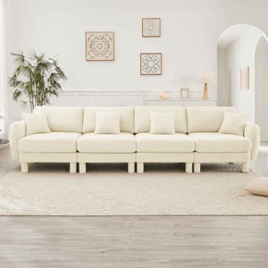 Modern Boucle 4-Seater Sectional Sofa, Sculptural Style Couch with Armrests and Cylindrical Legs, Fabric Couch with Plush Cushion-Coolbibila - 1 of 4