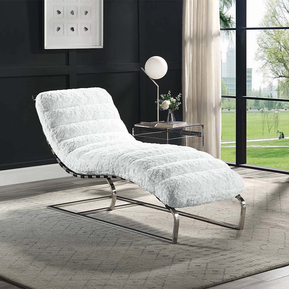 Photos - Storage Combination 60.24" Qortini Chaise Lounge White Teddy Faux Shearling and Stainless Stee