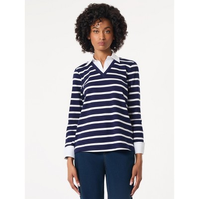 Jones New York Striped Collared Twofer Layered-Look Top - S