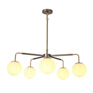 LNC Aladarimostinin 5-Lights 30.7" Wagon Wheel Oversized Chandelier, Brushed Black and Polished Gold with Opal Glass - 1 of 4