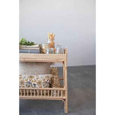 Natural Rattan and Bamboo Console Table with Storage Shelves