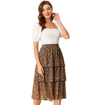 Allegra K Women's Floral Ruffle Hem High Waist Layered Summer Skirt