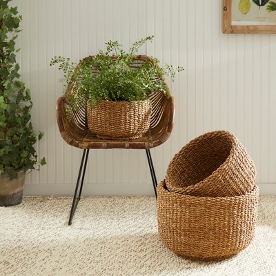 Handwoven Round Seagrass Basket Set with Natural Finish