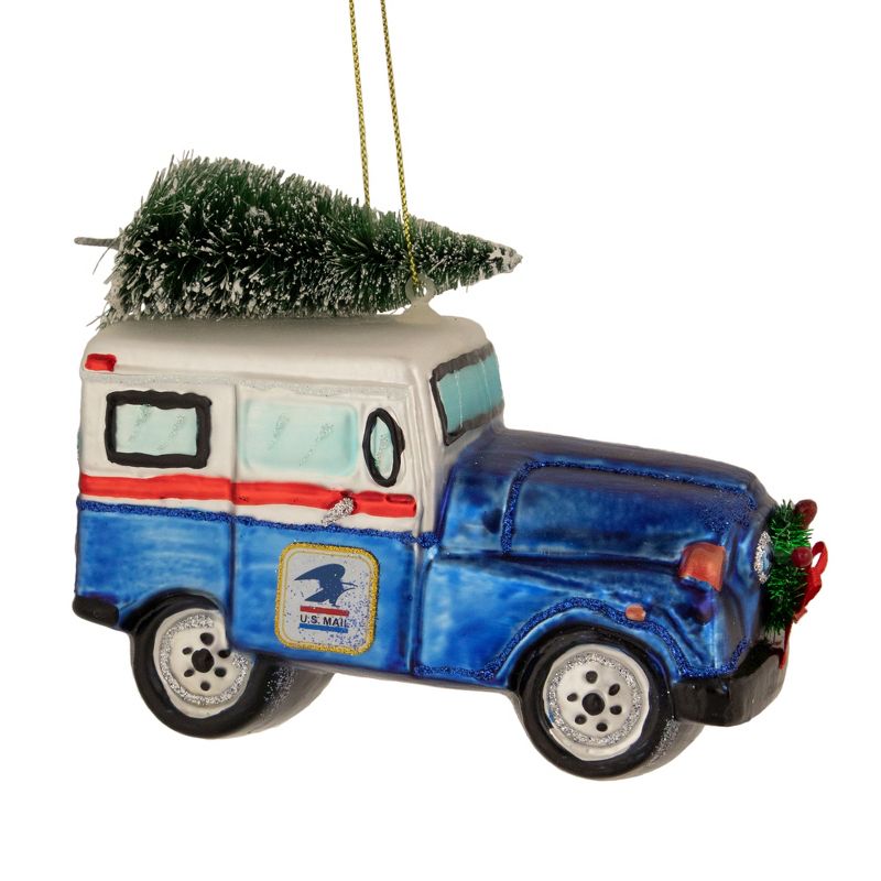 Northlight 5" Blue and White "USPS. Mail" Service Truck with Tree Glass Christmas Ornament, 1 of 5