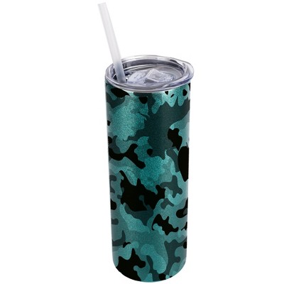 Elanze Designs Turquoise Blue 20 Ounce Double Wall Stainless Steel Glitter Travel Tumbler With Sliding Lid And Straw, Camouflage