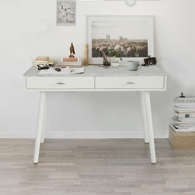 Bianco Flair 49" White Carrara Marble Writing Desk with Sleek Storage Drawers