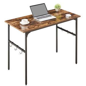 VECELO 32/43 in. Small Computer Desk, Writing Desk with Hooks, Work Desk with Adjustable Feet for Small Space, Brown - 1 of 4