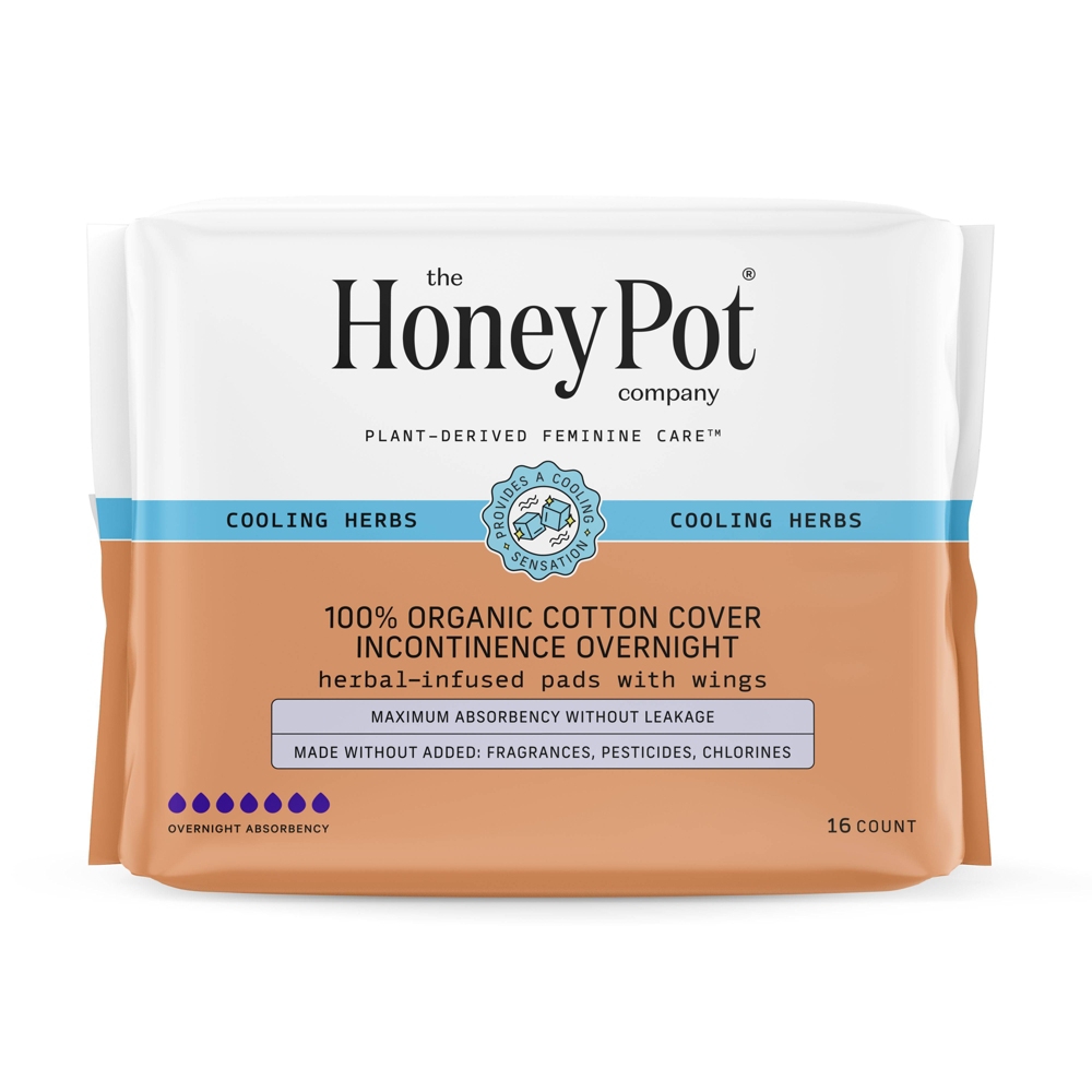 The Honey Pot Company, Herbal Overnight Incontinence Pads with Wings, Organic Cotton Cover - 16ct