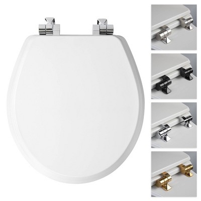 White Round Soft Close Enameled Wood Toilet Seat with Chrome Hinges