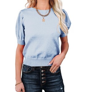 Clearlove Womens Puff Short Sleeve Sweater Tops Crewneck Basic Knit Pullover Lightweight Solid Casual Sweaters Blouse - 1 of 4