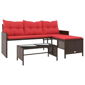 vidaXL Brown Poly Rattan L-Shaped Patio Sofa Set with Coffee Table and Red Cushions - Weather-Resistant Outdoor Lounge Furniture - 1 of 4