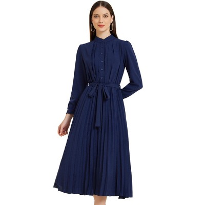 Allegra K Women's Long Sleeve Mock Neck A-Line Flowy Midi Pleated Shirt Dress