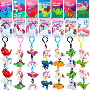 Joyfy 28 Packs Valentines Day Cards with Unicorn and Dinosaur Keychain for Kids Classroom Exchange Gifts,  Party Favor - 1 of 4