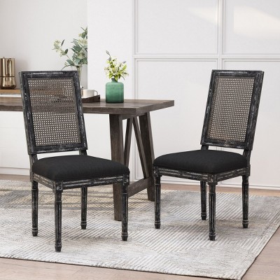 Set Of 2 French Fabric Upholstered Dining Chairs,Rattan Backrest Armless Chair With Rubberwood Frame For Dining Room Or Kitchen-Coolbibila