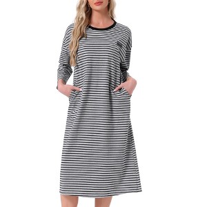 INSPIRE CHIC Womens Nightgown Cotton Stripe Long Sleeve Built-in Bra Pattern Round Neck Winter Midi Sleepwear Nightdress - 1 of 4