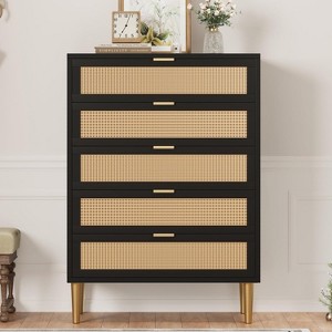 Rattan 5 Drawer Dresser, 44'' Tall Narrow Chest of Drawer, Farmhouse Wooden Storage Cabinet with Metal Legs and Handles, Modern Dresser for Bedroom - 1 of 4
