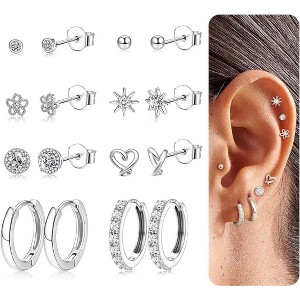 8 Pairs Sterling Silver & 14K Gold Plated Earring Set: Dainty Studs & Huggies for Sensitive Ears - 1 of 4