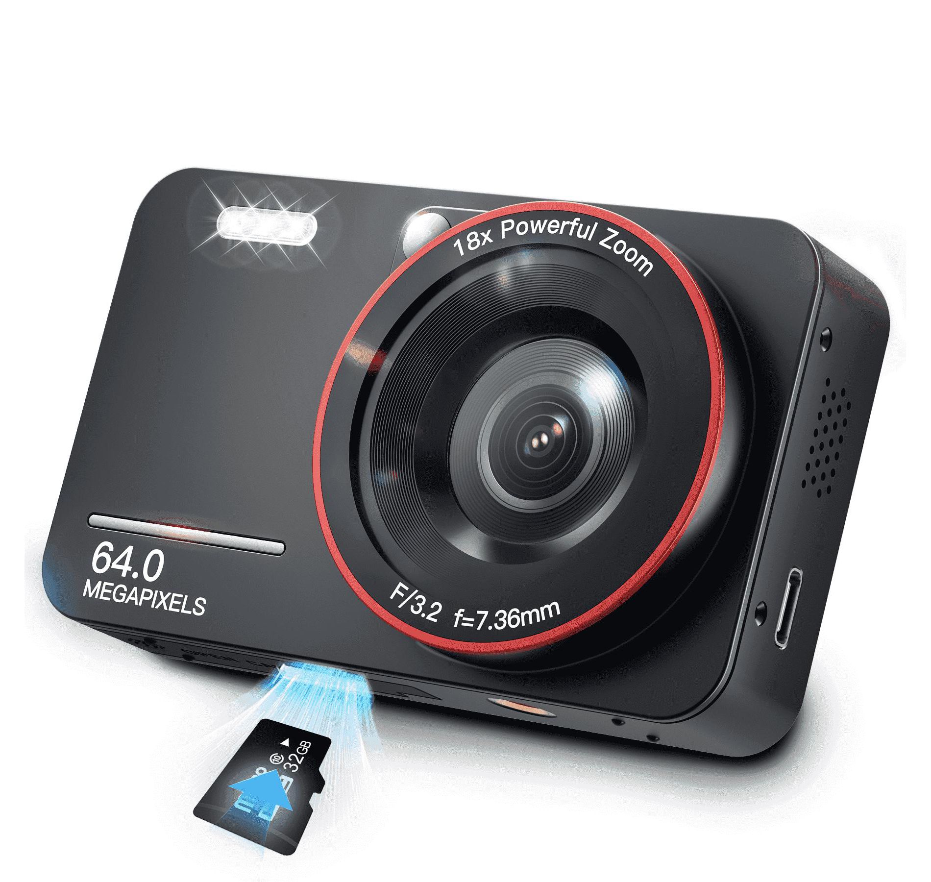 Losei 64MP 4K Digital Camera, 2.8" Screen, 18X Zoom, Anti-Shake, Retro Camera, Vlogging Camera for Kids, Teens, Seniors, with 32GB Card, Black
