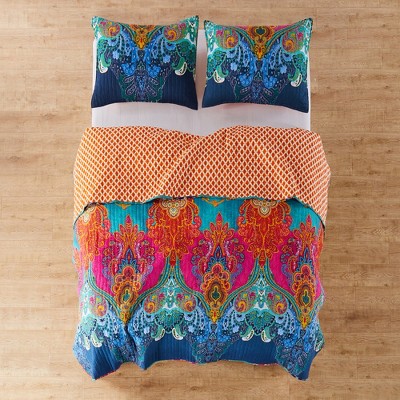 Navy and Multicolor Cotton Twin Reversible Quilt Set