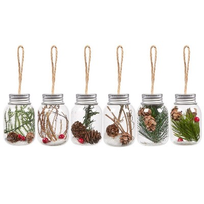 6-Pack of Christmas Tree Decorations - Hanging Glass Decorations with Tin Lids, 6 Assorted Designs - 1.57x2.63x1.57"