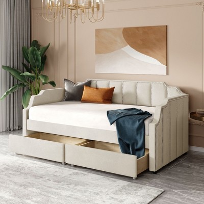 Twin Size Upholstered Wood Daybed with Drawers and Wood Slat Support-ModernLuxe