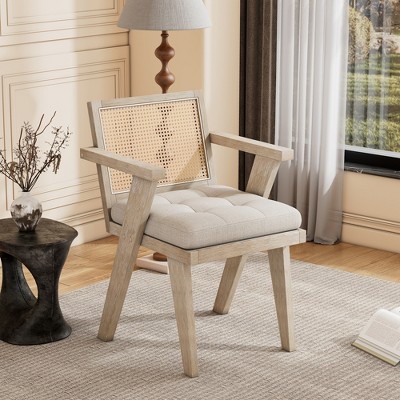 Accent Chair Mid-Century Armchair with Rattan Backrest Padded Seat Upholstered Reading Chairs for Bedroom Living Enterway Kitchen Natural Linen