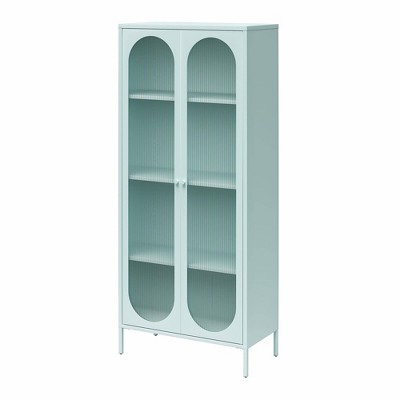 Sky Blue Tall Metal Accent Cabinet with Fluted Glass Doors