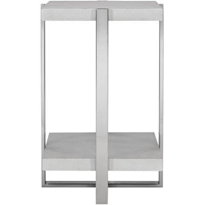 Uttermost Modern Plated Brushed Silver Square Accent Table 16" Wide Milk White Faux Shagreen Gray Shelves for Living Room Bedroom