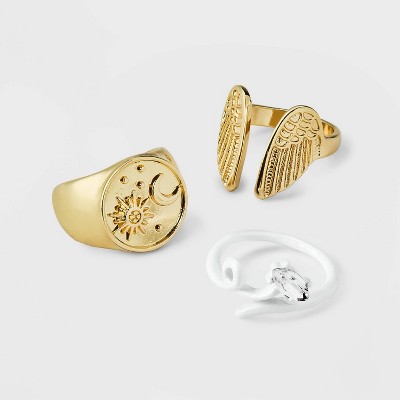 Open Wings and White Enamel Squiggle Ring Set 3pc - Wild Fable™ Gold/White
