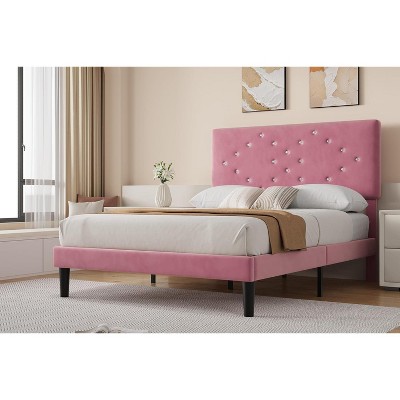 Velvet Bed Frame, Upholstered Platform Bed with Button Tufted Headboard & Under-Bed Storage Space, Sturdy Wooden Slats Support, No Box Spring Needed