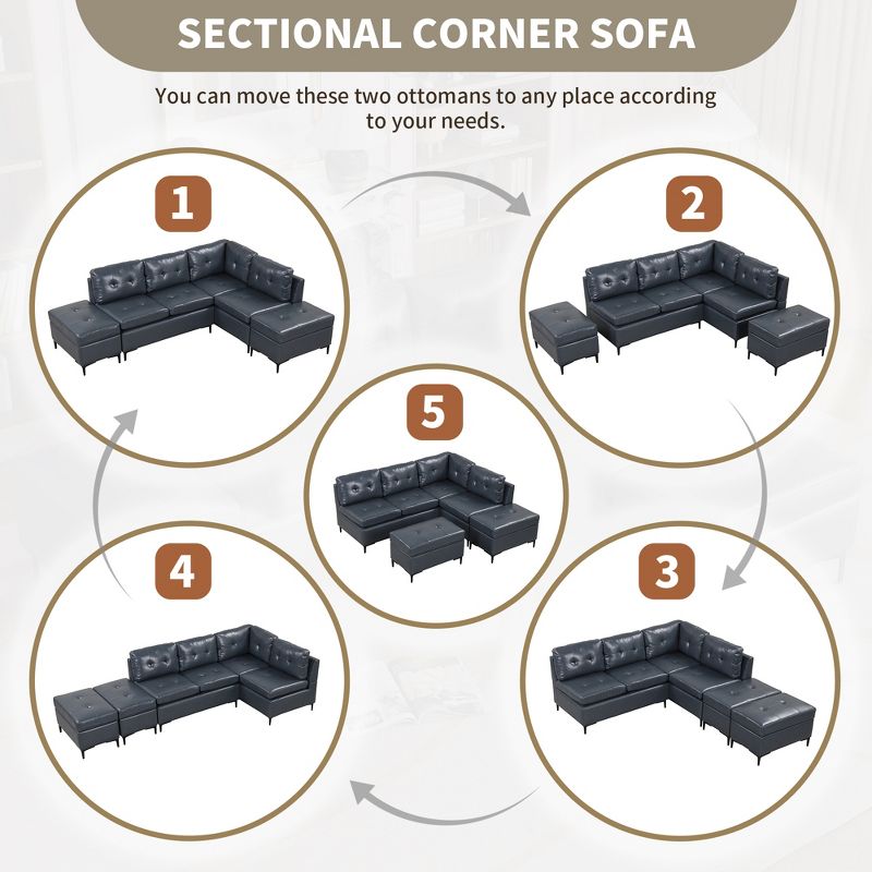 95" Modular Sectional Sofa Couch Set, Upholstered PU Couches with Movable Storage Ottomans-ModernLuxe, 4 of 12