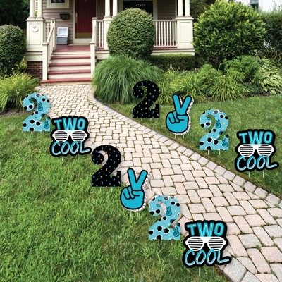 Big Dot of Happiness Two Cool - Boy - Peace Sign and Number 2 Lawn Decorations - Outdoor Blue 2nd Birthday Party Yard Decorations - 10 Piece