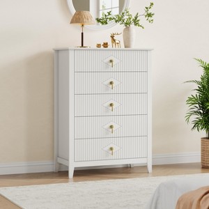 Fluted 5 Drawer Dresser for Bedroom, 42.9 Inch Tall Modern Nightstand Wooden Chest of Drawers with Gold Handles - 1 of 4