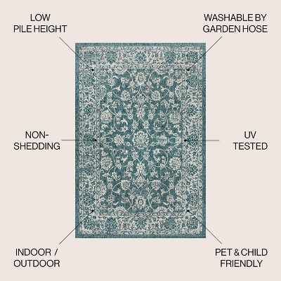 Teal and Gray Bohemian Floral Indoor/Outdoor Area Rug
