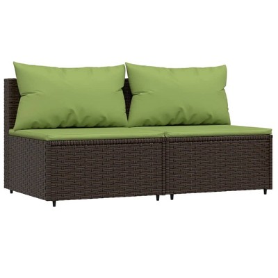 vidaXL Patio Middle Sofas - Brown Poly Rattan Outdoor Sofas with Green Cushions, Weather-Resistant, Sturdy Steel Frame
