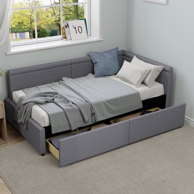 Sapphtopaz Modern Daybed Bed Frame with Nailhead Trim Wood Upholstered Platform Bed for Bedroom, Apartment