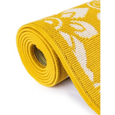 Yellow and Ivory Floral Flat Woven Outdoor Runner Rug