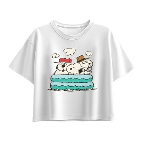 Girls' - Peanuts - Snoopy Sibling Pool Short Sleeve Boxy Graphic T-Shirt - 1 of 3