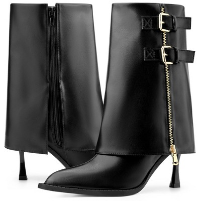 BLISSFUL STEP Women's Pointed Toe Mid Calf Fold Over Buckle Stiletto Heel Boots
