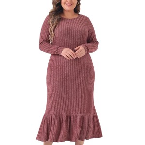 Agnes Orinda Women's Plus Size Long Sleeve Crew Neck Ruffled Hem Ribbed Knit A Line Mixi Dresses - 1 of 4