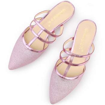 Allegra K Women's T-Strap Glitter Slip-On Pointed Toe Flats Mules